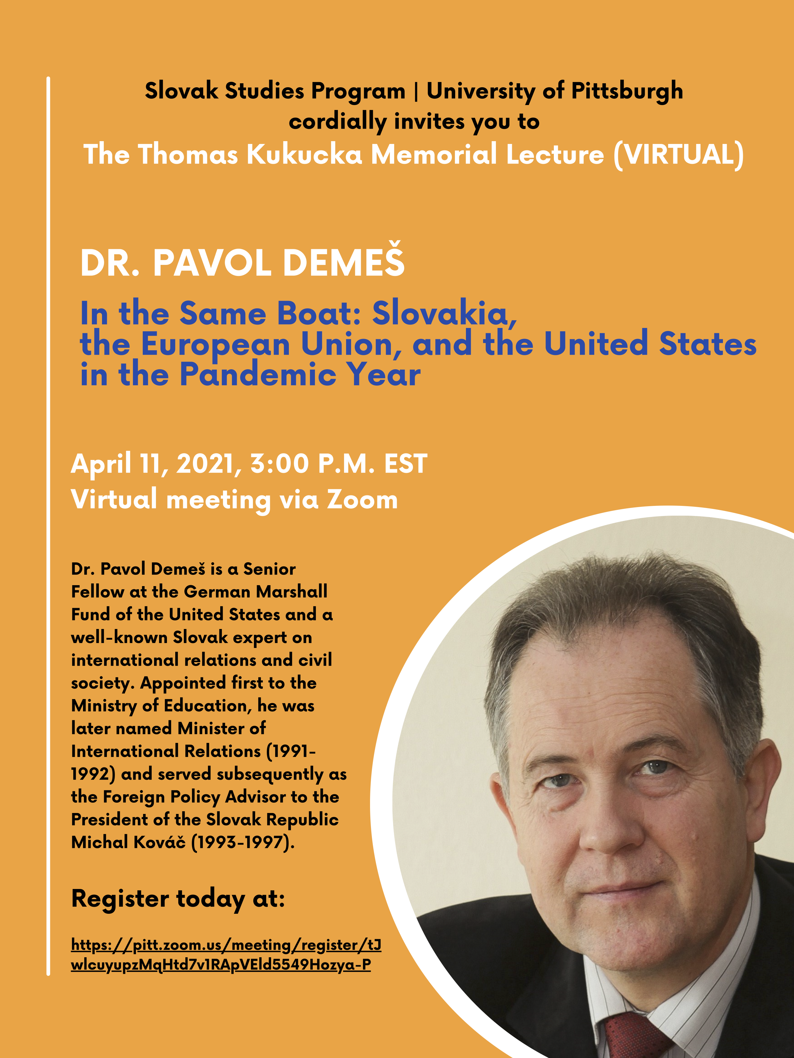 Accessible event flyer linked to this image; white and black text on an orange background with a picture of Pavol Demes