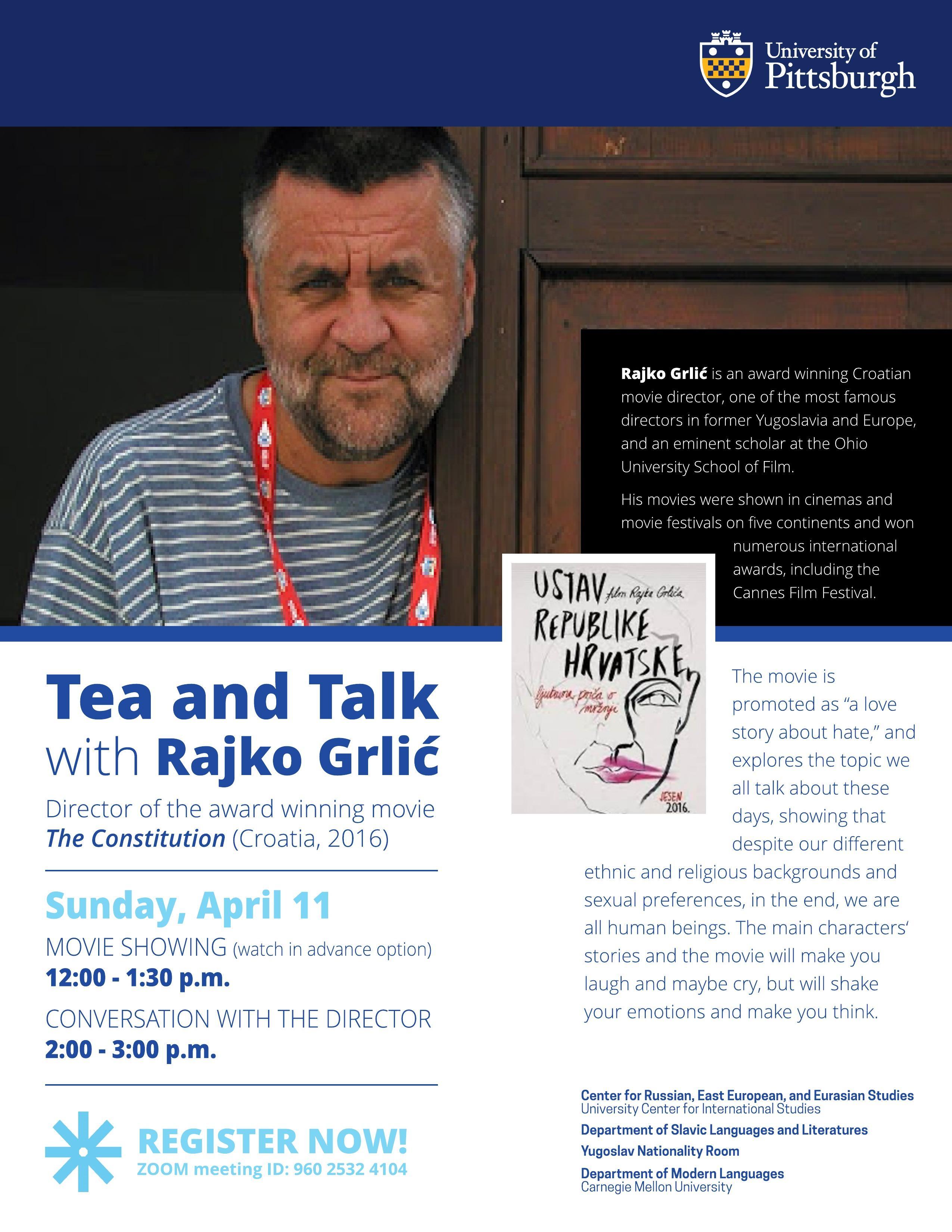 Picture of Rajko Grlic and the movie poster of his film; on a navy and white background; accessible flyer linked to this flyer
