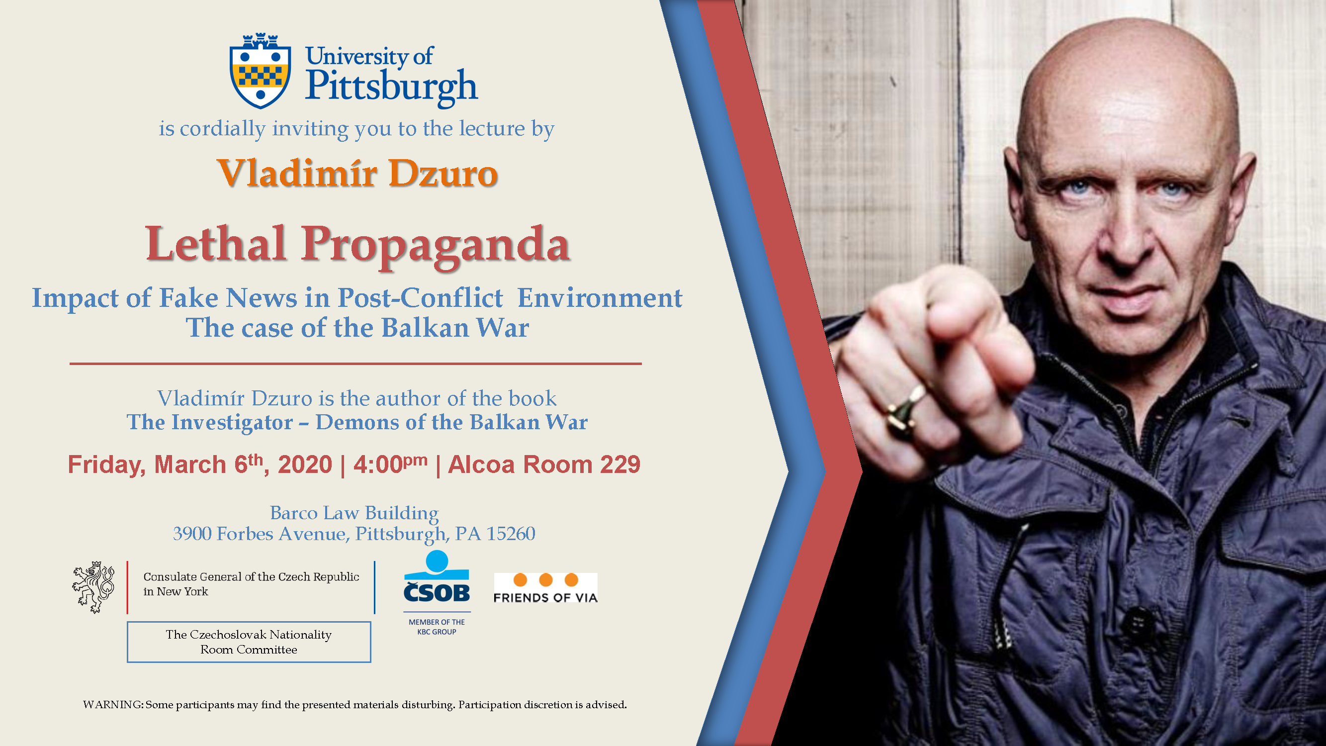 This flyer displays a picture of the guest lecturer, Vladimir Dzuro, and restates the event details listed as text on the events page. 